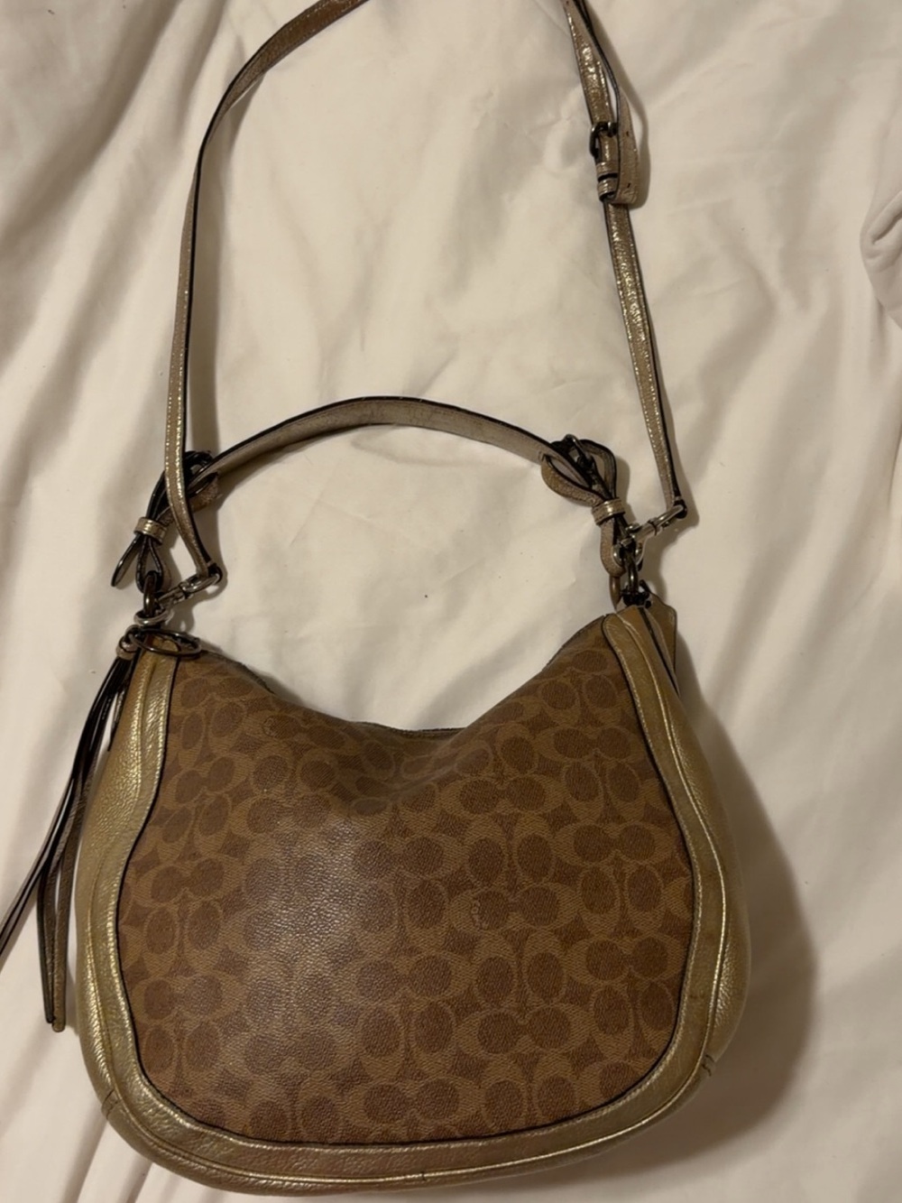 Coach Brown Signature Canvas Hobo Bag with Gold Trim
